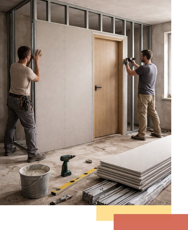 Перегородка из гипсокартона с дверью под ключ в Архангельске