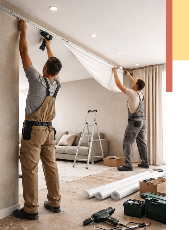 Монтаж натяжного потолка в гостиной в Архангельске от 565 руб. | ОТДЕЛОЧНИК-Рхн